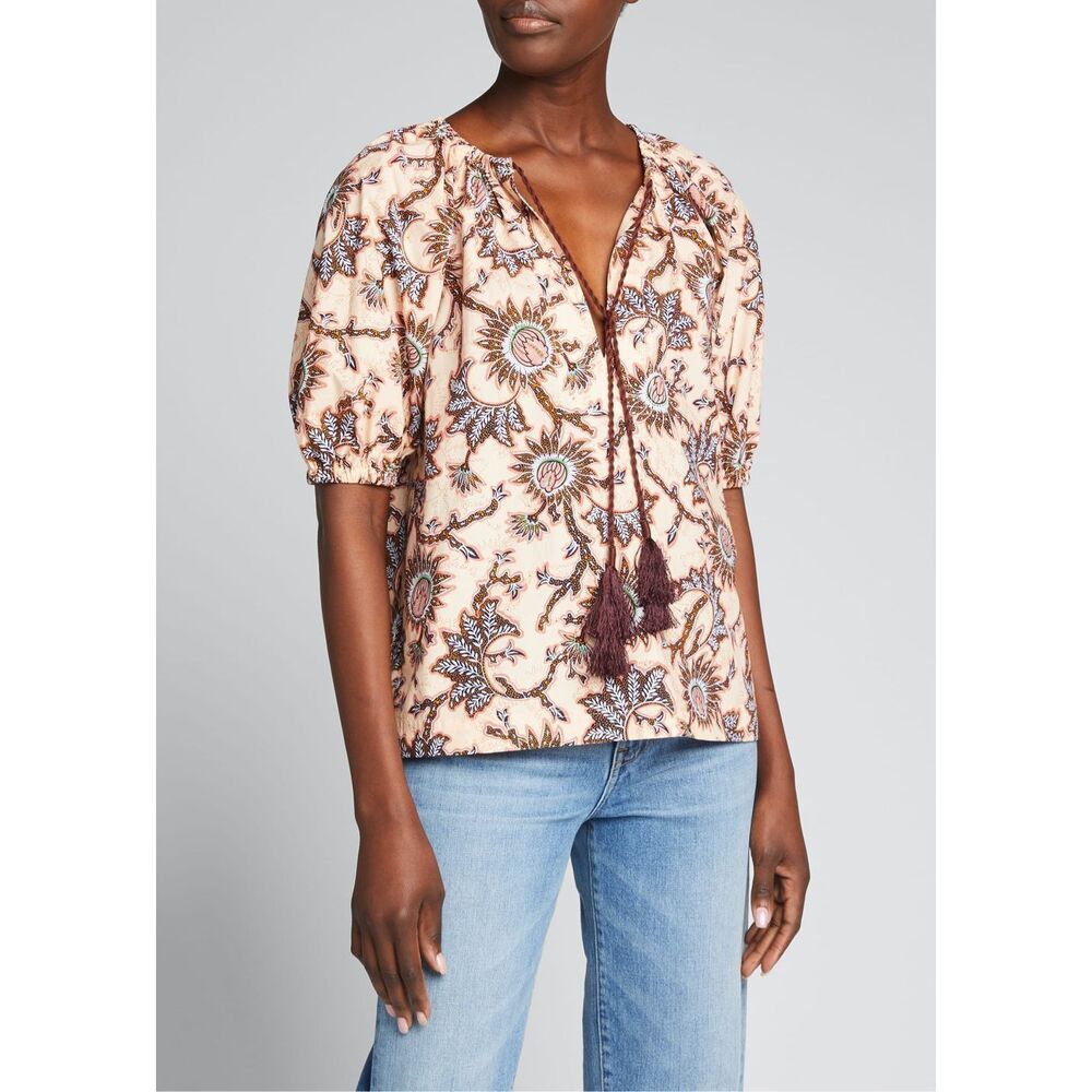 A.L.C. Elly Tie Front Printed Top Cream, Brown Size 6